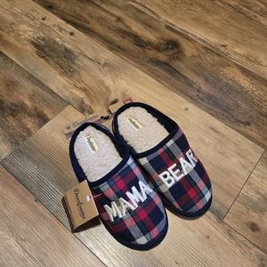 Dearfoams Women's Mama Bear Plaid Slippers - Red, Navy, and White